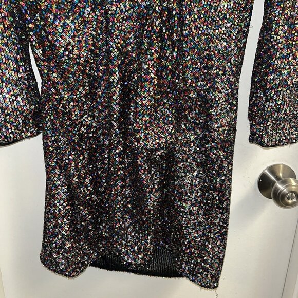 Lucy Paris Black Multicolor Sequenced Faux Wrap Holiday Mini Dress Size Large - Picture 4 of 11